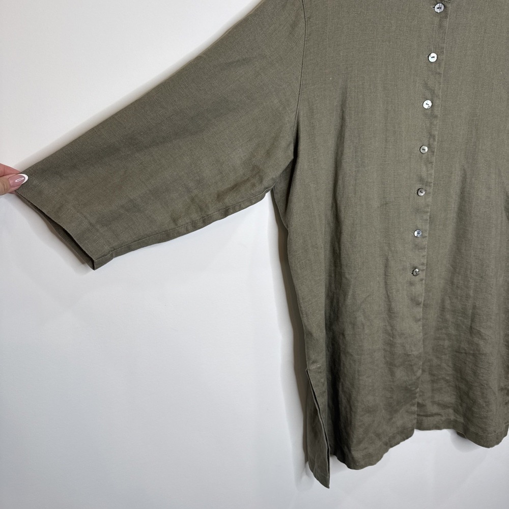 Chicos 100% Linen Button‎ Up Tunic Top L Green Band Collar Sustainable Lagenlook - Picture 2 of 4